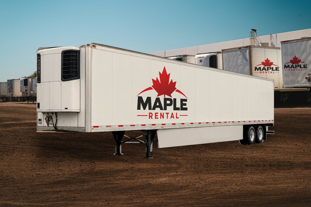 White Maple Rental 53' reefer trailer with the refrigeration unit on the front wall, parked in a trailer yard