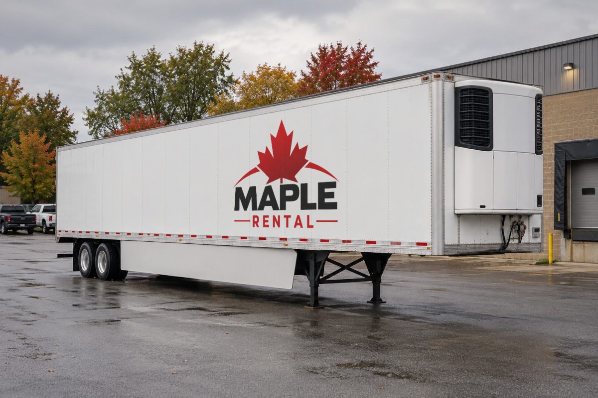 White Maple Rental reefer trailer parked on its landing gear beside a warehouse loading dock